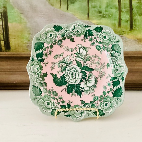 THE SPODE ARCHIVE COLLECTION "BRITISH FLOWERS-POPPY” Plate 9" Square Pink Green - Picture 1 of 12